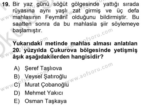 Türk Halk Şiiri Dersi 2020 - 2021 Yılı Yaz Okulu Sınavı 19. Soru