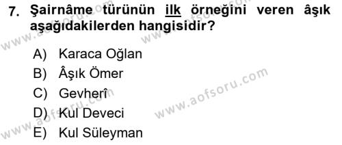 Türk Halk Şiiri Dersi 2020 - 2021 Yılı Yaz Okulu Sınavı 7. Soru