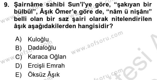 Türk Halk Şiiri Dersi 2020 - 2021 Yılı Yaz Okulu Sınavı 9. Soru