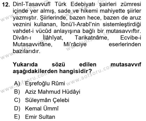Türk Halk Şiiri Dersi 2021 - 2022 Yılı Yaz Okulu Sınavı 12. Soru