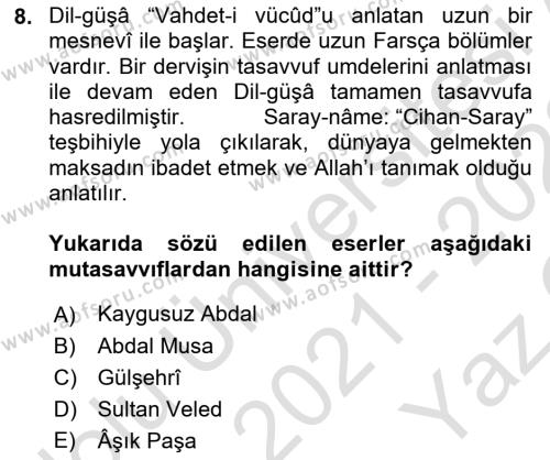 Türk Halk Şiiri Dersi 2021 - 2022 Yılı Yaz Okulu Sınavı 8. Soru