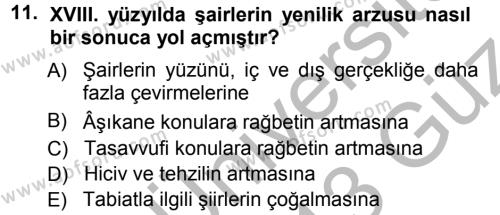 XVIII. Yüzyıl Türk Edebiyatı Dersi 2012 - 2013 Yılı (Vize) Ara Sınavı 11. Soru