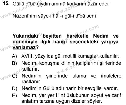 XVIII. Yüzyıl Türk Edebiyatı Dersi 2012 - 2013 Yılı (Vize) Ara Sınavı 15. Soru