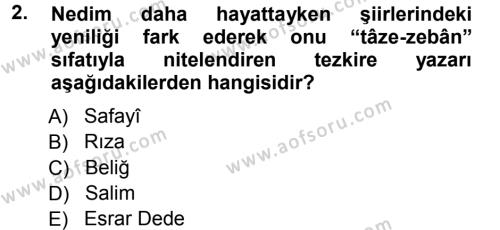 XVIII. Yüzyıl Türk Edebiyatı Dersi 2012 - 2013 Yılı (Vize) Ara Sınavı 2. Soru