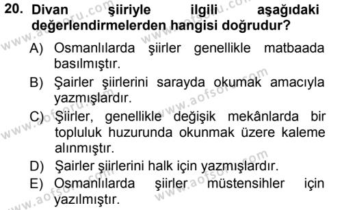 XVIII. Yüzyıl Türk Edebiyatı Dersi 2012 - 2013 Yılı (Vize) Ara Sınavı 20. Soru