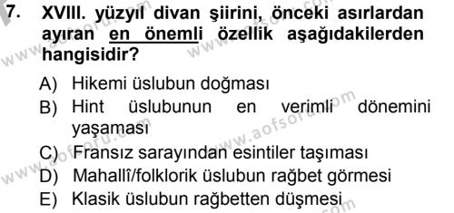 XVIII. Yüzyıl Türk Edebiyatı Dersi 2012 - 2013 Yılı (Vize) Ara Sınavı 7. Soru