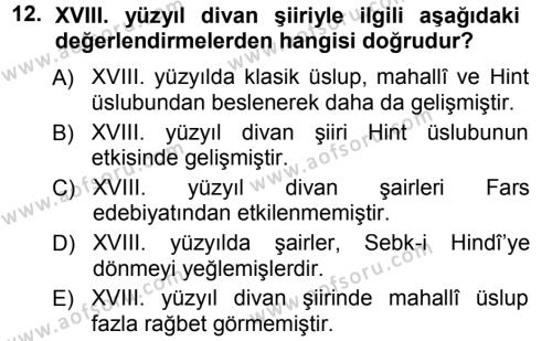 XVIII. Yüzyıl Türk Edebiyatı Dersi 2012 - 2013 Yılı (Final) Dönem Sonu Sınavı 12. Soru