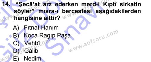 XVIII. Yüzyıl Türk Edebiyatı Dersi 2012 - 2013 Yılı (Final) Dönem Sonu Sınavı 14. Soru