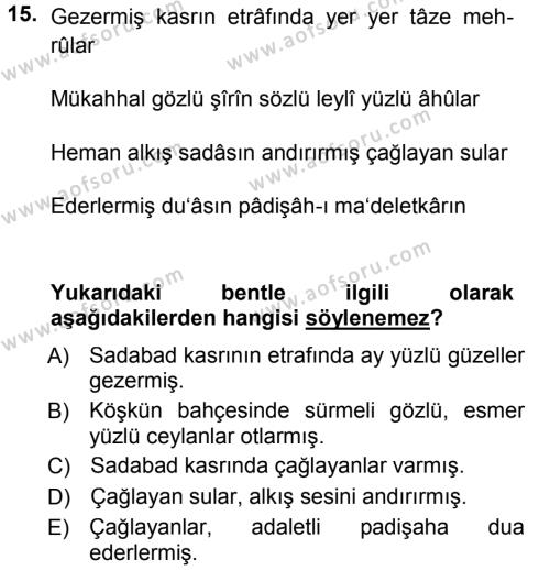XVIII. Yüzyıl Türk Edebiyatı Dersi 2012 - 2013 Yılı (Final) Dönem Sonu Sınavı 15. Soru