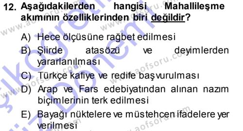 XVIII. Yüzyıl Türk Edebiyatı Dersi 2013 - 2014 Yılı (Vize) Ara Sınavı 12. Soru