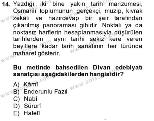 XVIII. Yüzyıl Türk Edebiyatı Dersi 2013 - 2014 Yılı (Vize) Ara Sınavı 14. Soru