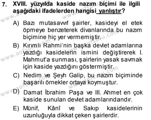 XVIII. Yüzyıl Türk Edebiyatı Dersi 2013 - 2014 Yılı (Vize) Ara Sınavı 7. Soru