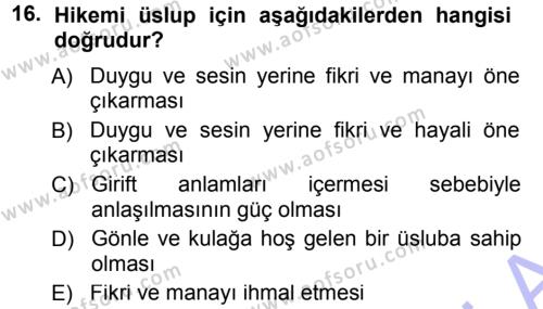XVIII. Yüzyıl Türk Edebiyatı Dersi 2013 - 2014 Yılı (Final) Dönem Sonu Sınavı 16. Soru