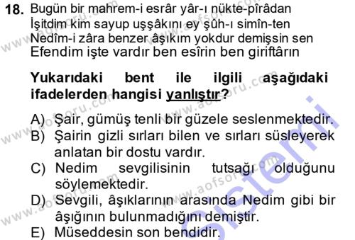 XVIII. Yüzyıl Türk Edebiyatı Dersi 2014 - 2015 Yılı (Vize) Ara Sınavı 18. Soru