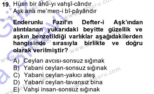 XVIII. Yüzyıl Türk Edebiyatı Dersi 2014 - 2015 Yılı (Vize) Ara Sınavı 19. Soru