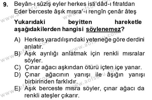XVIII. Yüzyıl Türk Edebiyatı Dersi 2014 - 2015 Yılı (Final) Dönem Sonu Sınavı 9. Soru