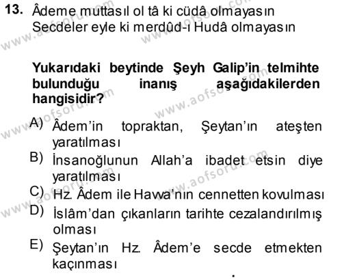 XVIII. Yüzyıl Türk Edebiyatı Dersi 2014 - 2015 Yılı Tek Ders Sınavı 13. Soru