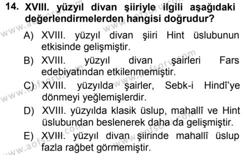 XVIII. Yüzyıl Türk Edebiyatı Dersi 2014 - 2015 Yılı Tek Ders Sınavı 14. Soru