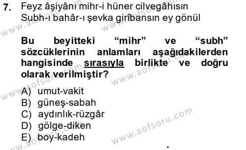 XVIII. Yüzyıl Türk Edebiyatı Dersi 2014 - 2015 Yılı Tek Ders Sınavı 7. Soru