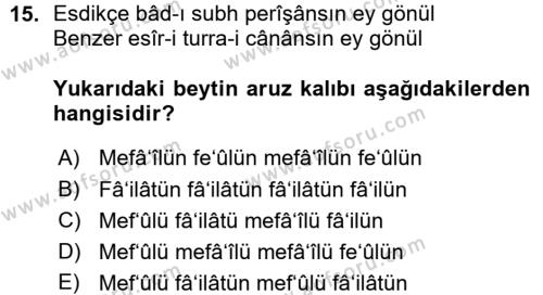 XVIII. Yüzyıl Türk Edebiyatı Dersi 2015 - 2016 Yılı (Vize) Ara Sınavı 15. Soru