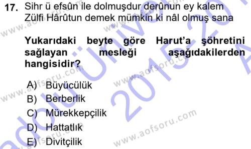 XVIII. Yüzyıl Türk Edebiyatı Dersi 2015 - 2016 Yılı (Vize) Ara Sınavı 17. Soru