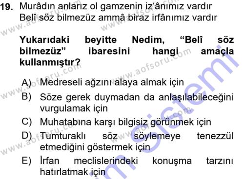 XVIII. Yüzyıl Türk Edebiyatı Dersi 2015 - 2016 Yılı (Vize) Ara Sınavı 19. Soru