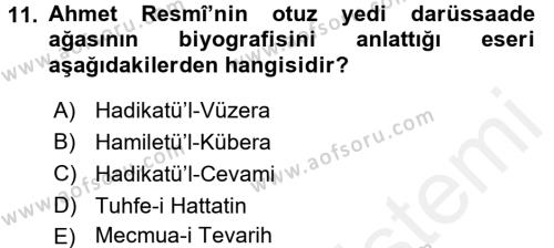 XVIII. Yüzyıl Türk Edebiyatı Dersi 2015 - 2016 Yılı Tek Ders Sınavı 11. Soru