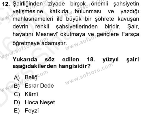 XVIII. Yüzyıl Türk Edebiyatı Dersi 2015 - 2016 Yılı Tek Ders Sınavı 12. Soru