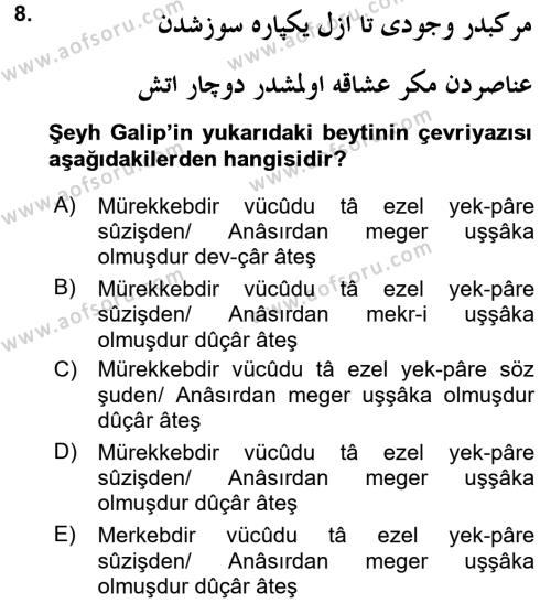 XVIII. Yüzyıl Türk Edebiyatı Dersi 2015 - 2016 Yılı Tek Ders Sınavı 8. Soru
