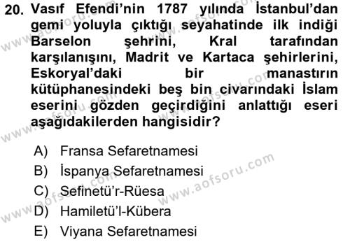 XVIII. Yüzyıl Türk Edebiyatı Dersi 2016 - 2017 Yılı 3 Ders Sınavı 20. Soru