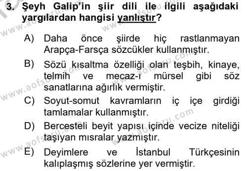 XVIII. Yüzyıl Türk Edebiyatı Dersi 2016 - 2017 Yılı 3 Ders Sınavı 3. Soru
