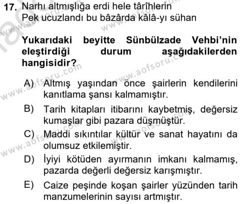 XVIII. Yüzyıl Türk Edebiyatı Dersi 2016 - 2017 Yılı (Vize) Ara Sınavı 17. Soru