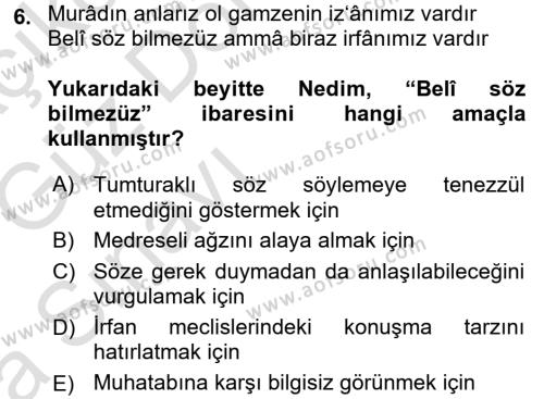 XVIII. Yüzyıl Türk Edebiyatı Dersi 2016 - 2017 Yılı (Vize) Ara Sınavı 6. Soru