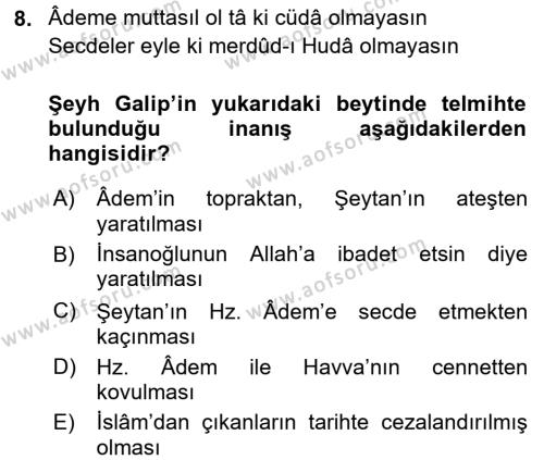 XVIII. Yüzyıl Türk Edebiyatı Dersi 2016 - 2017 Yılı (Final) Dönem Sonu Sınavı 8. Soru