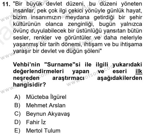 XVIII. Yüzyıl Türk Edebiyatı Dersi 2017 - 2018 Yılı 3 Ders Sınavı 11. Soru