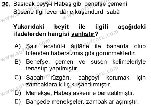 XVIII. Yüzyıl Türk Edebiyatı Dersi 2017 - 2018 Yılı 3 Ders Sınavı 20. Soru