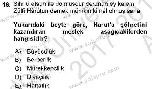XVIII. Yüzyıl Türk Edebiyatı Dersi 2017 - 2018 Yılı (Vize) Ara Sınavı 16. Soru