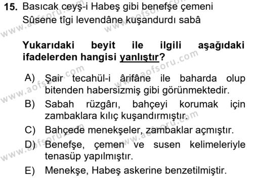 XVIII. Yüzyıl Türk Edebiyatı Dersi 2017 - 2018 Yılı (Final) Dönem Sonu Sınavı 15. Soru