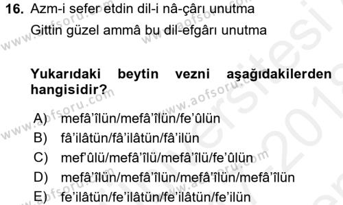 XVIII. Yüzyıl Türk Edebiyatı Dersi 2017 - 2018 Yılı (Final) Dönem Sonu Sınavı 16. Soru