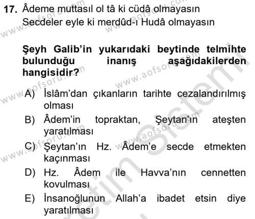 XVIII. Yüzyıl Türk Edebiyatı Dersi 2018 - 2019 Yılı 3 Ders Sınavı 17. Soru