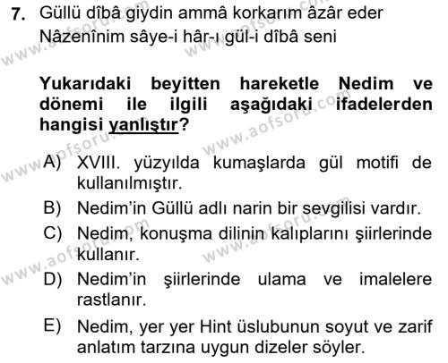XVIII. Yüzyıl Türk Edebiyatı Dersi 2018 - 2019 Yılı (Vize) Ara Sınavı 7. Soru