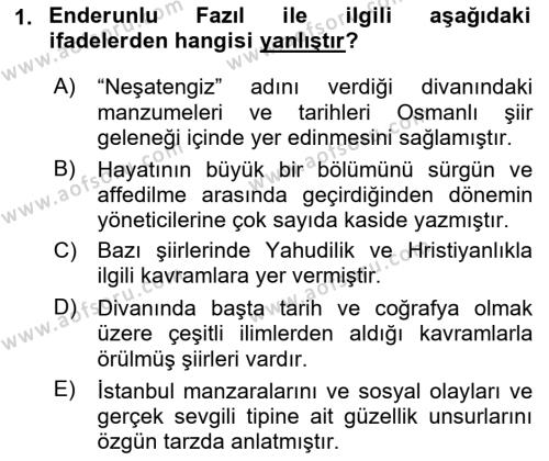 XVIII. Yüzyıl Türk Edebiyatı Dersi 2018 - 2019 Yılı (Final) Dönem Sonu Sınavı 1. Soru