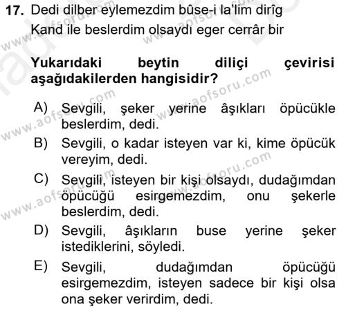 XVIII. Yüzyıl Türk Edebiyatı Dersi 2018 - 2019 Yılı (Final) Dönem Sonu Sınavı 17. Soru