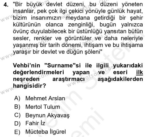XVIII. Yüzyıl Türk Edebiyatı Dersi 2018 - 2019 Yılı (Final) Dönem Sonu Sınavı 4. Soru