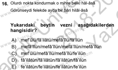 XVIII. Yüzyıl Türk Edebiyatı Dersi 2018 - 2019 Yılı Yaz Okulu Sınavı 16. Soru