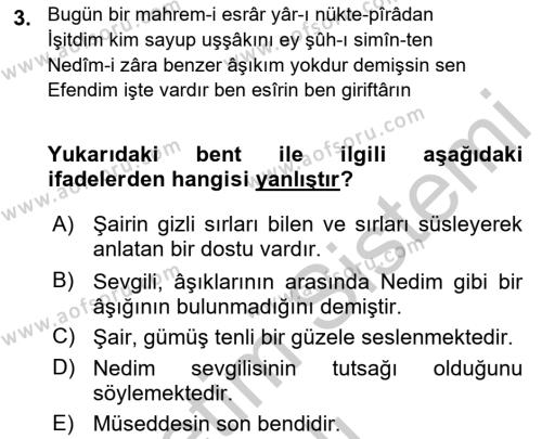 XVIII. Yüzyıl Türk Edebiyatı Dersi 2018 - 2019 Yılı Yaz Okulu Sınavı 3. Soru