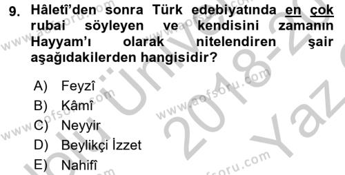 XVIII. Yüzyıl Türk Edebiyatı Dersi 2018 - 2019 Yılı Yaz Okulu Sınavı 9. Soru