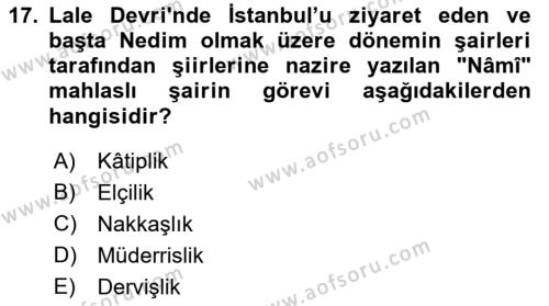 XVIII. Yüzyıl Türk Edebiyatı Dersi 2019 - 2020 Yılı (Vize) Ara Sınavı 17. Soru