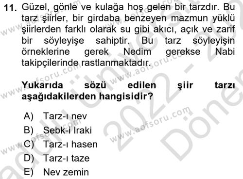 XVIII. Yüzyıl Türk Edebiyatı Dersi 2022 - 2023 Yılı (Final) Dönem Sonu Sınavı 11. Soru