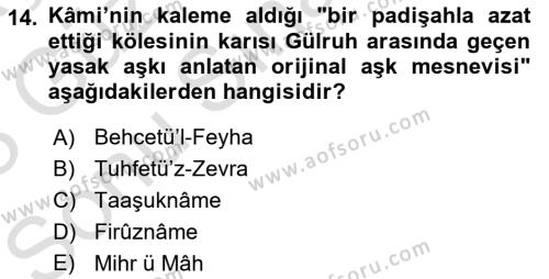 XVIII. Yüzyıl Türk Edebiyatı Dersi 2022 - 2023 Yılı (Final) Dönem Sonu Sınavı 14. Soru